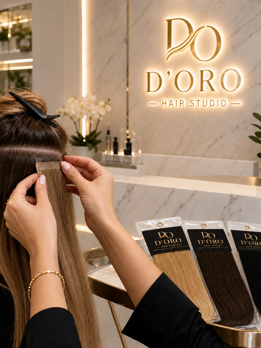 Aplicação de extensões Tape-In no D'ORO Hair Studio